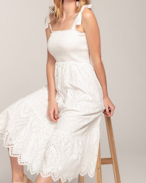 white midi eyelet dress