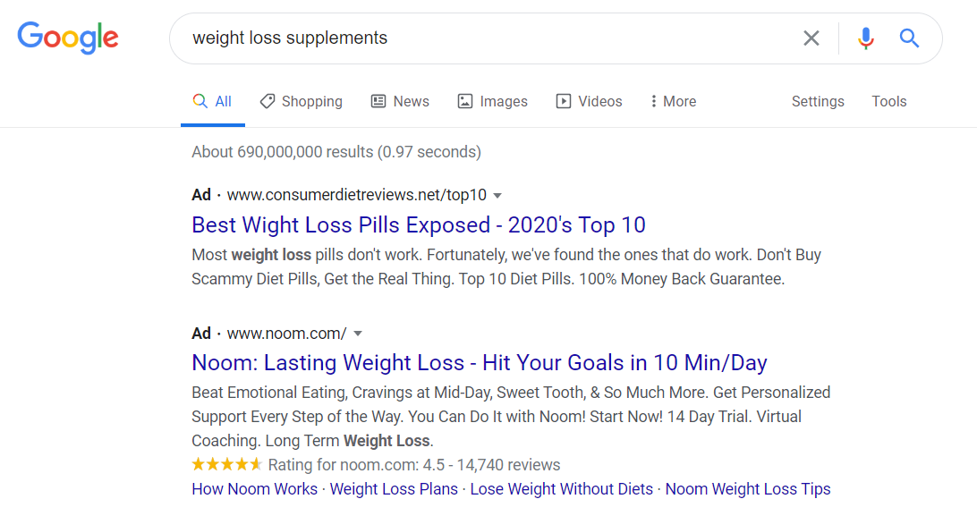 Google Searches for weight loss supplement