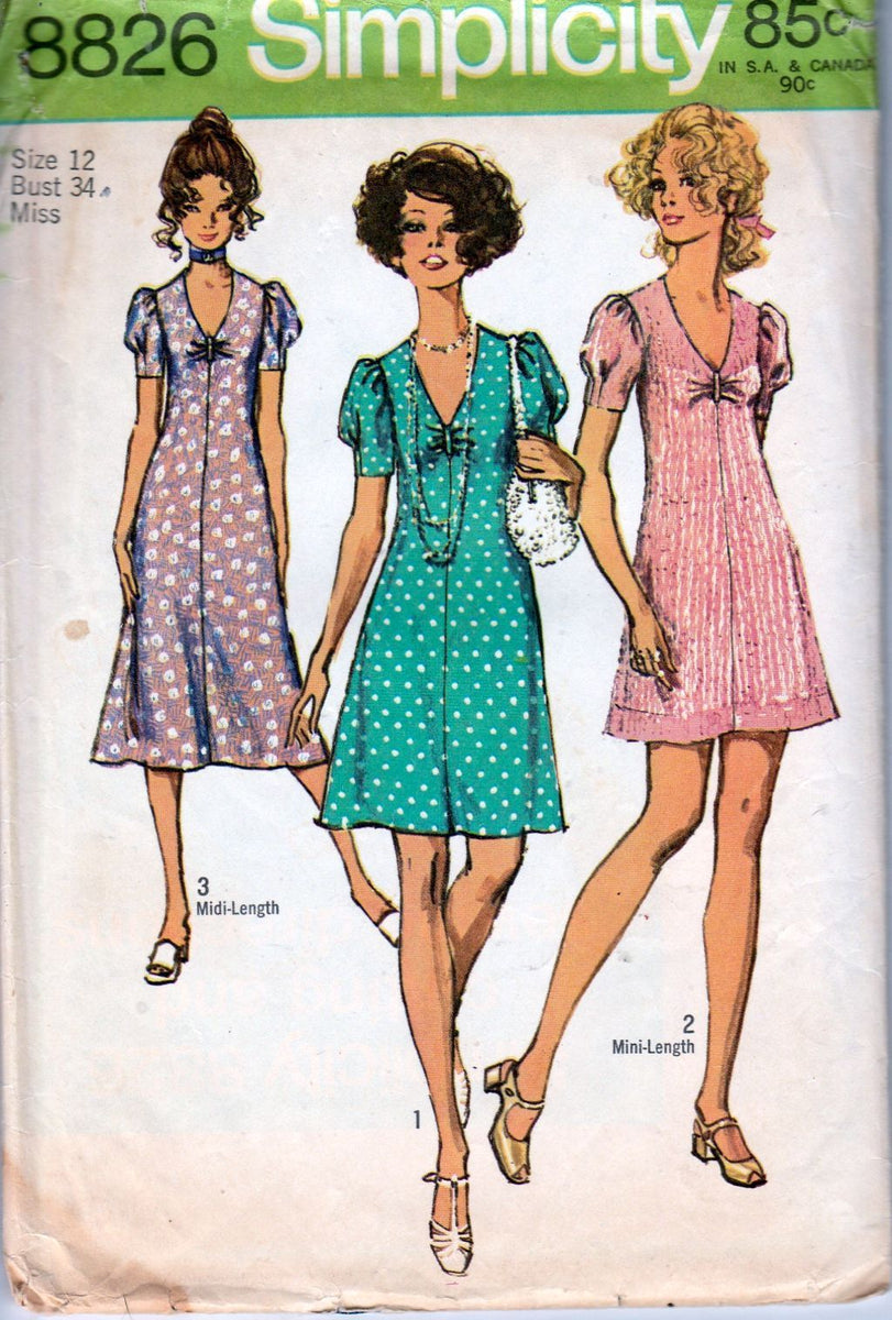 Simplicity 8826 Ladies Mini Midi Dress Vintage Sewing Pattern 1970's