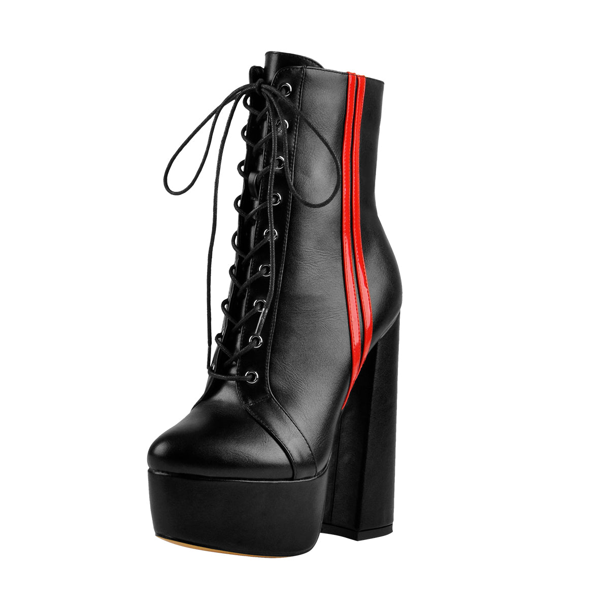 Lace Up Platform Round Toe Side Red Stripes Chunky Heels Ankle Boots Onlymaker 