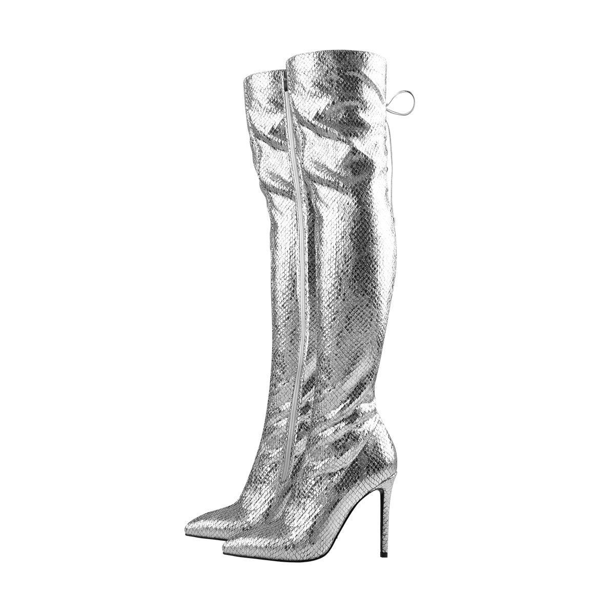 thigh high metallic silver boots
