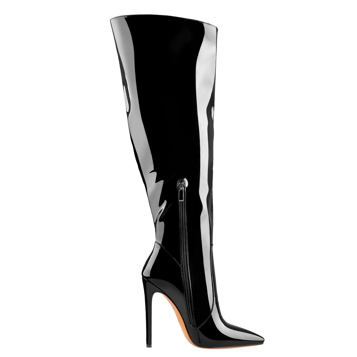 Black Patent Leather Zip Pointed Toe Knee High Boots Onlymak