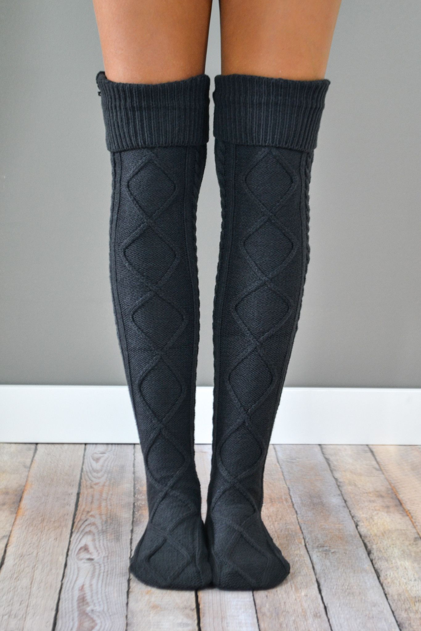 Charcoal Thick Cable Knit Boot Socks