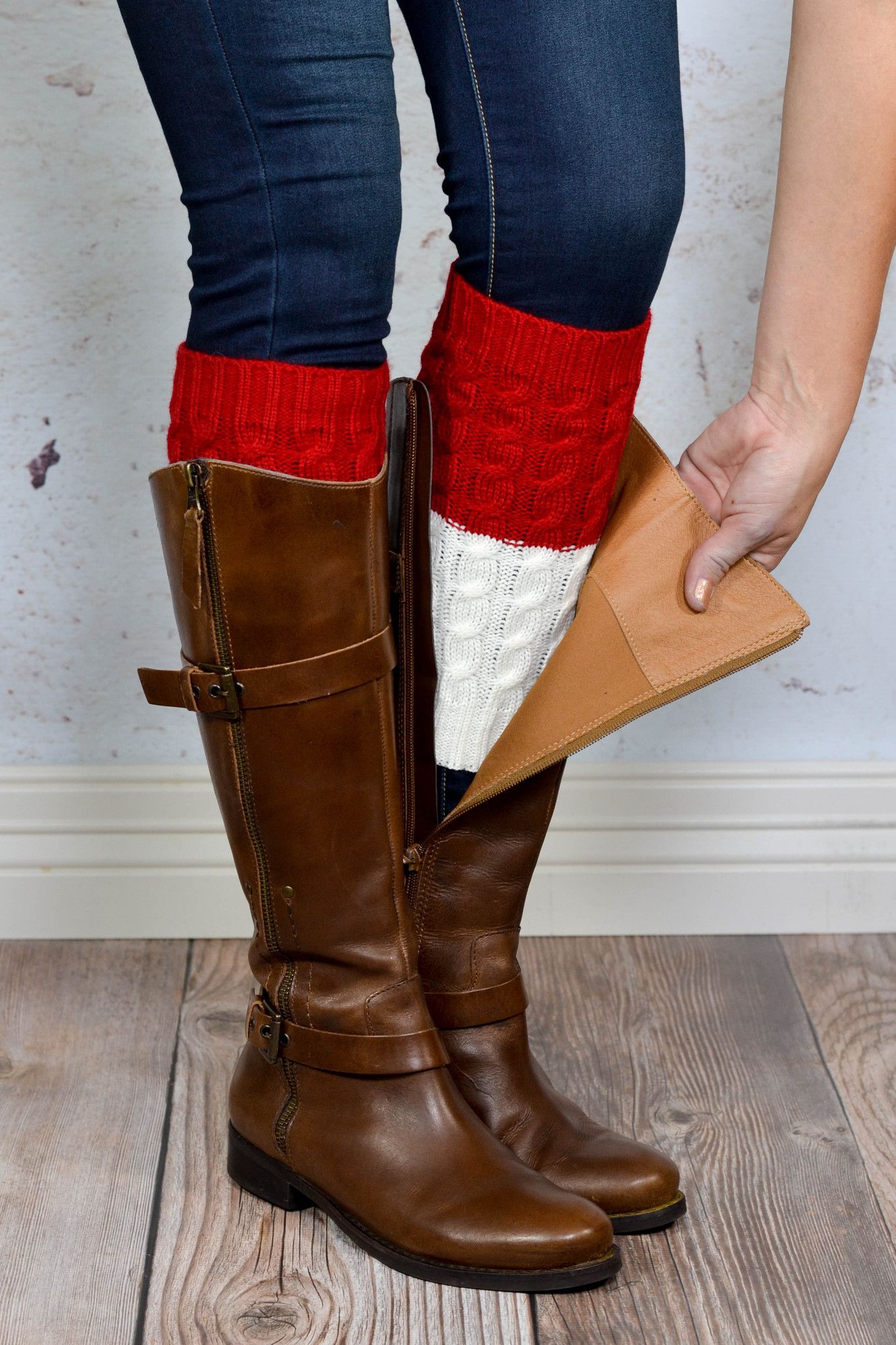 Red and Ivory Reversible Knitted Boot Cuffs