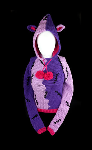 NecroKitty Hoody - Lilac and Violet Purple Frankenstein's Monster Inspired Crochet Hooded Sweater with Cat Ears, Stitches, Pom Pom Hood Ties and attached fingerless gloves by VelvetVolcano