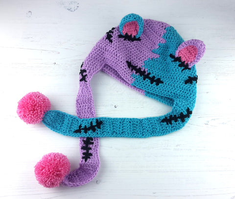 Custom Lilac, Turquoise and Bubblegum Pink FrankenKitty Beanie - Pastel Goth Frankensteins Monster Inspired Crochet Hat with Ear Flaps and Pom Poms by VelvetVolcano
