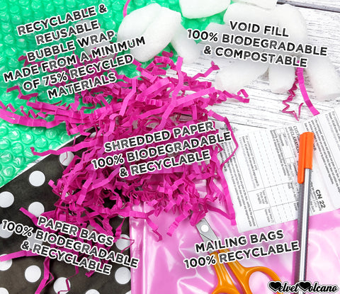 Photograph showing packaging materials and tools including green bubblewrap with text saying 'Recyclable & reusable Bubble Wrap made from a minimum of 75% recycled materials', white packing peanuts with text saying 'void fill 100% biodegradable & compostable', bright pink shredded paper with text saying 'shredded paper 100% biodegradable & recyclable', black paper bags with white polka dot design with text saying 'paper bags 100% biodegradable & recyclable', light pink plastic mailing bags with text saying 'mailing bags 100% recyclable', white customs declaration labels, a grey fineliner pen with orange top and a pair of scissors with orange handles are shown at the bottom of the image.