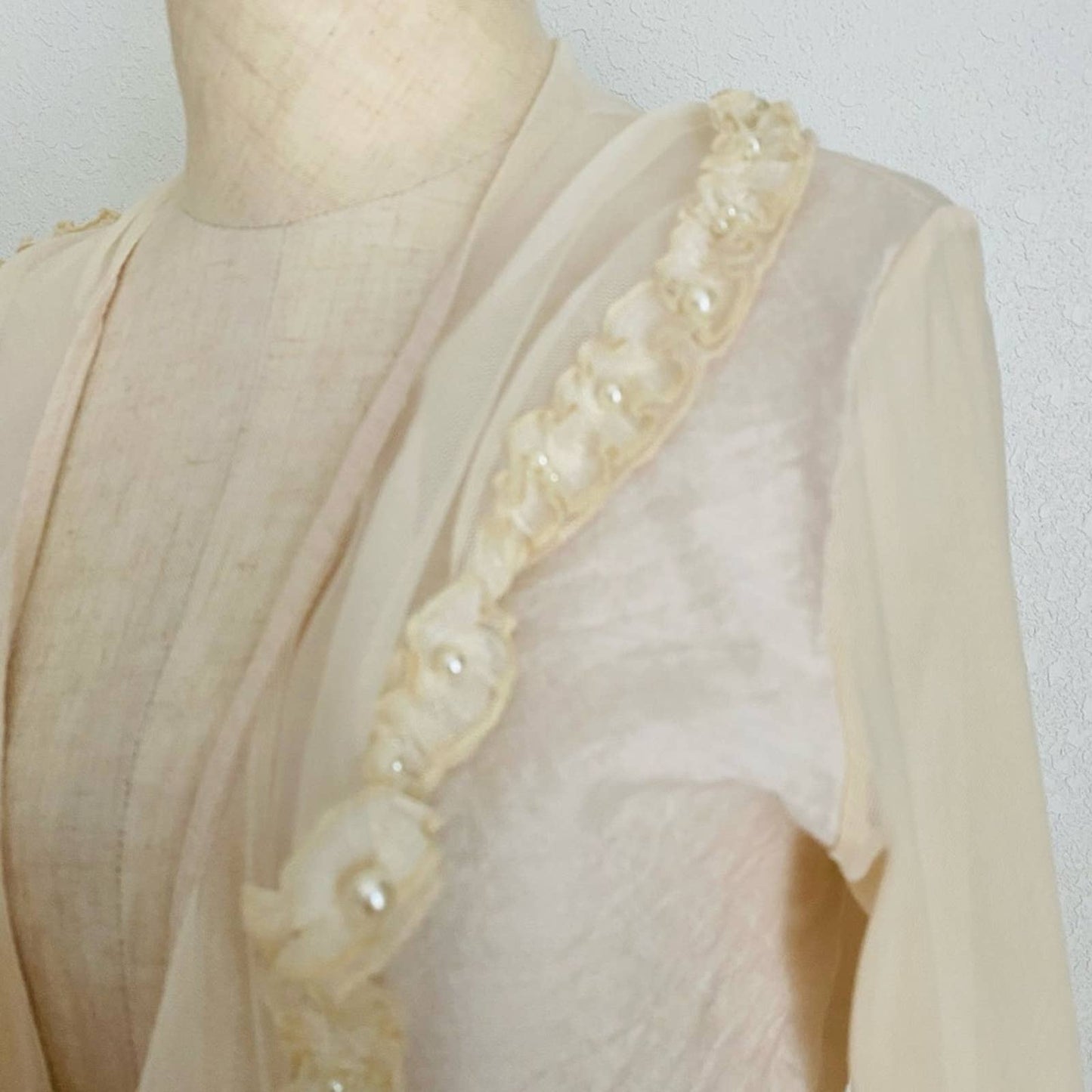Vintage 90s Y2K Beige Cream Pink Ruffled Sheer Blouse Top Fairy Cottage Core