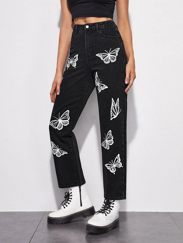 High Waisted Butterfly Print Straight Jeans
