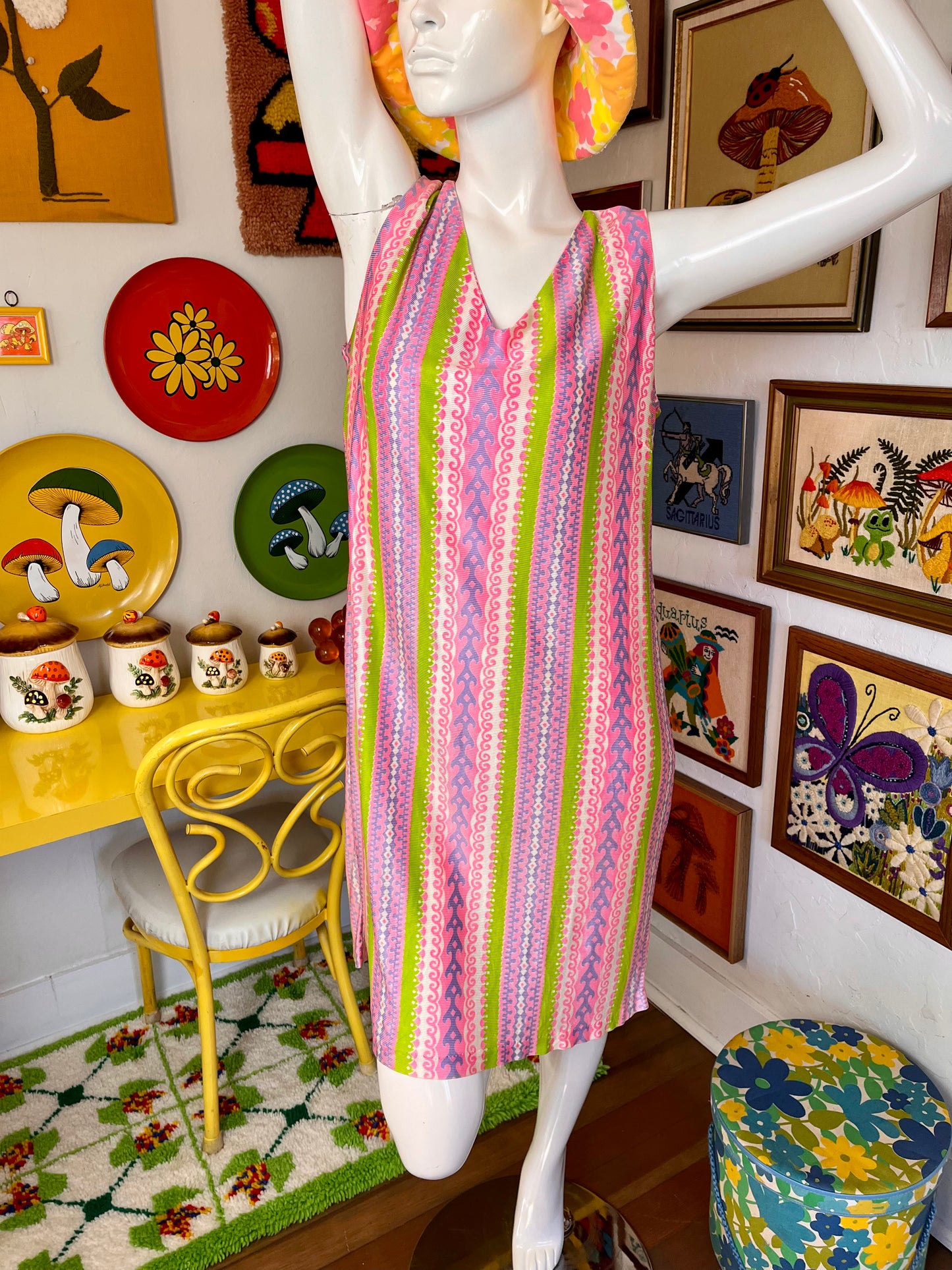 Vintage Lane Bryant Pink, Purple, Green, and White Groovy Psychedelic Sleeveless Dress