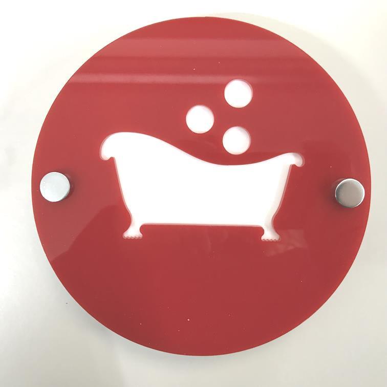 Red & White Gloss Finish & Chrome Fixings Round Bathroom "Bath & Bubbles" Sign