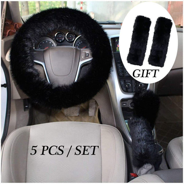 X AUTOHAUX Faux Fur Car Steering Wheel Cover W/Handbrake Gear Cover Set Beige 