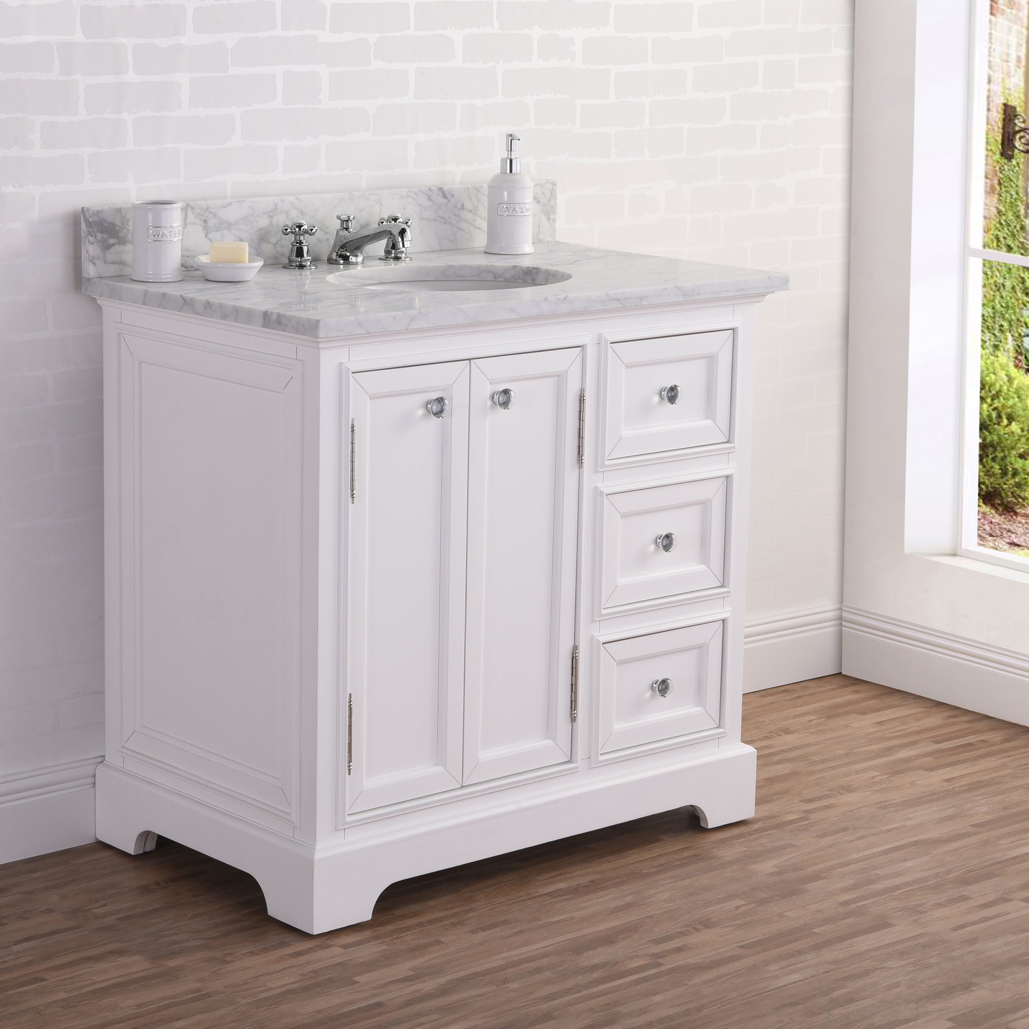 Water Creation | 36 Inch Wide Pure White Single Sink Carrara Marble Bathroom Vanity With Matching Mirror And Faucet(s) From The Derby Collection | DE36CW01PW-B24BX0901 Water Creation | 36 Inch Wide Pure White Single Sink Carrara Marble Bathroom Vanity With Matching Mirror And Faucet(s) From The Derby Collection | DE36CW01PW-B24BX0901