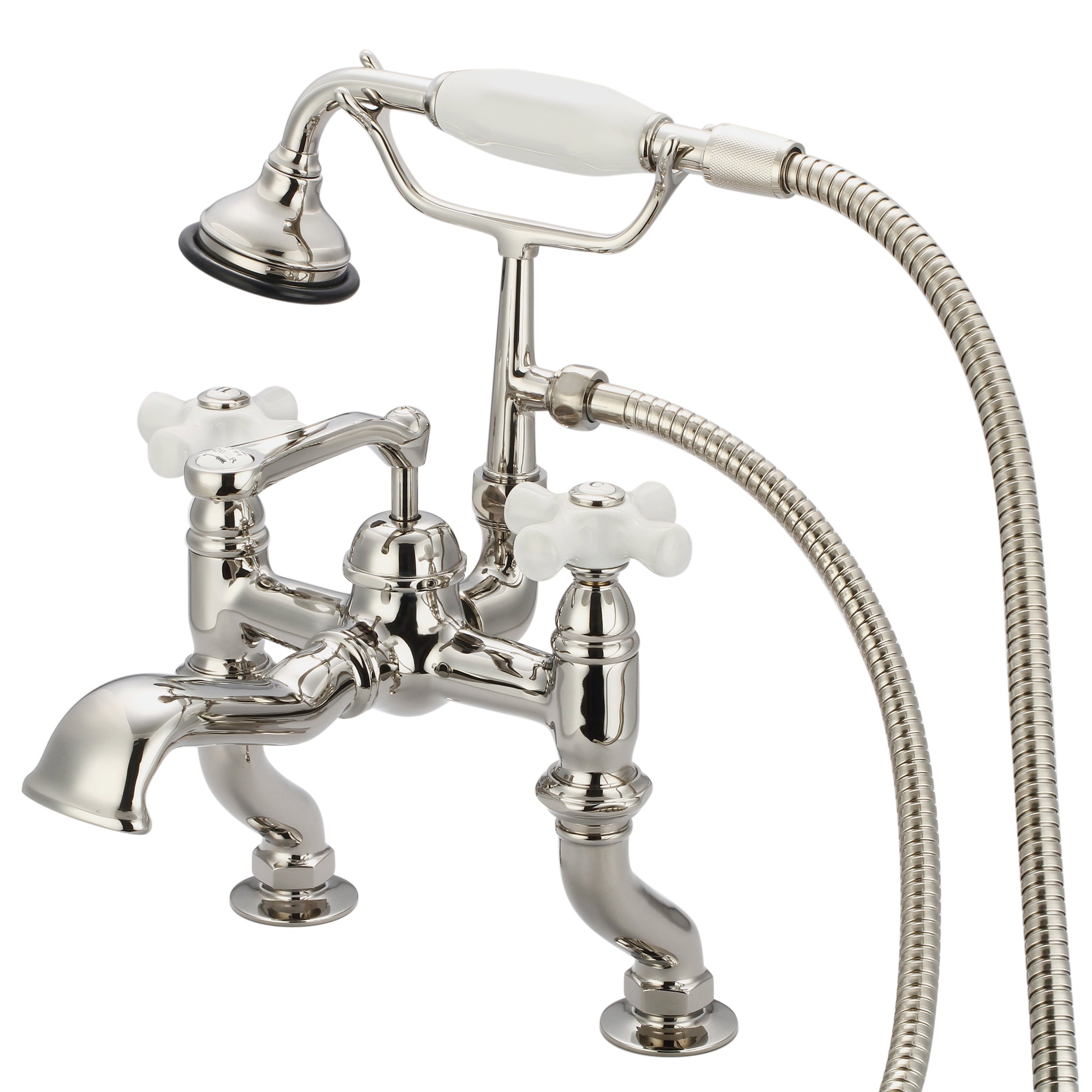 Water Creation | Vintage Classic Adjustable Center Deck Mount Tub Faucet With Handheld Shower in Polished Nickel (PVD) Finish With Porcelain Cross Handles, Hot And Cold Labels Included | F6-0004-05-PX Water Creation | Vintage Classic Adjustable Center Deck Mount Tub Faucet With Handheld Shower in Polished Nickel (PVD) Finish With Porcelain Cross Handles, Hot And Cold Labels Included | F6-0004-05-PX