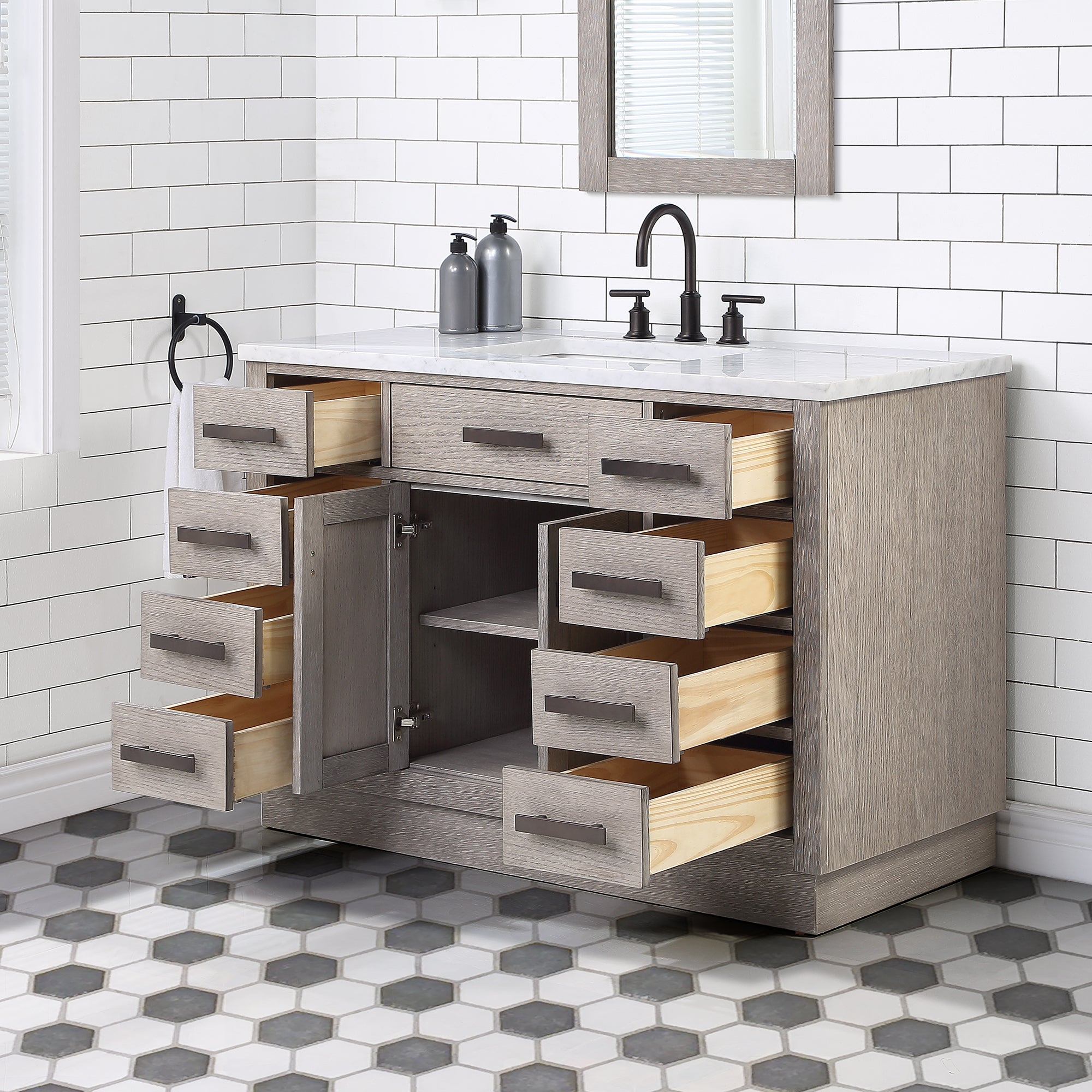 Water Creation | Chestnut 48 In. Single Sink Carrara White Marble Countertop Vanity In Grey Oak with Grooseneck Faucet | CH48CW03GK-000BL1403 Water Creation | Chestnut 48 In. Single Sink Carrara White Marble Countertop Vanity In Grey Oak with Grooseneck Faucet | CH48CW03GK-000BL1403