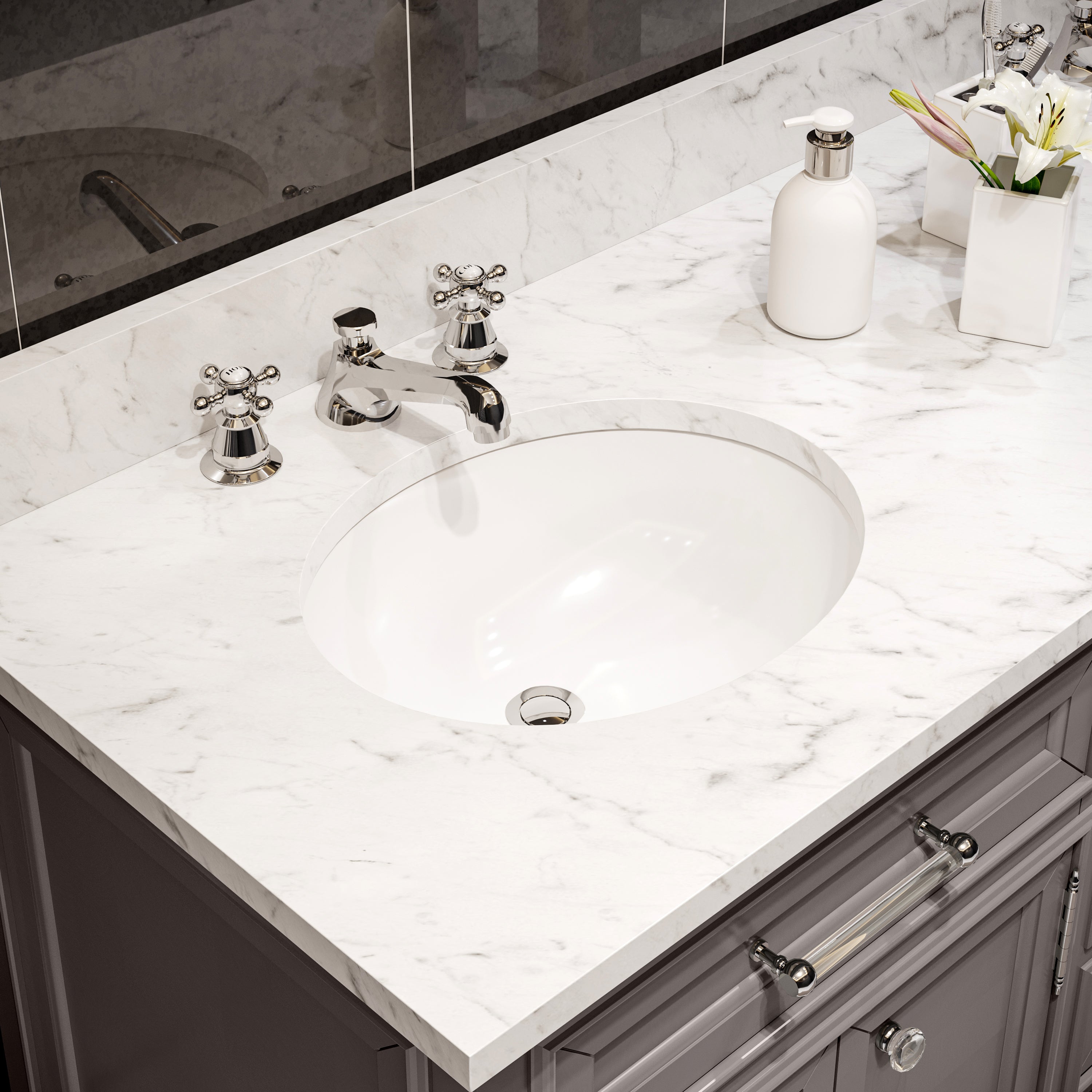 Water Creation | 60 Inch Cashmere Grey Double Sink Bathroom Vanity With Faucet From The Derby Collection | DE60CW01CG-000BX0901 Water Creation | 60 Inch Cashmere Grey Double Sink Bathroom Vanity With Faucet From The Derby Collection | DE60CW01CG-000BX0901