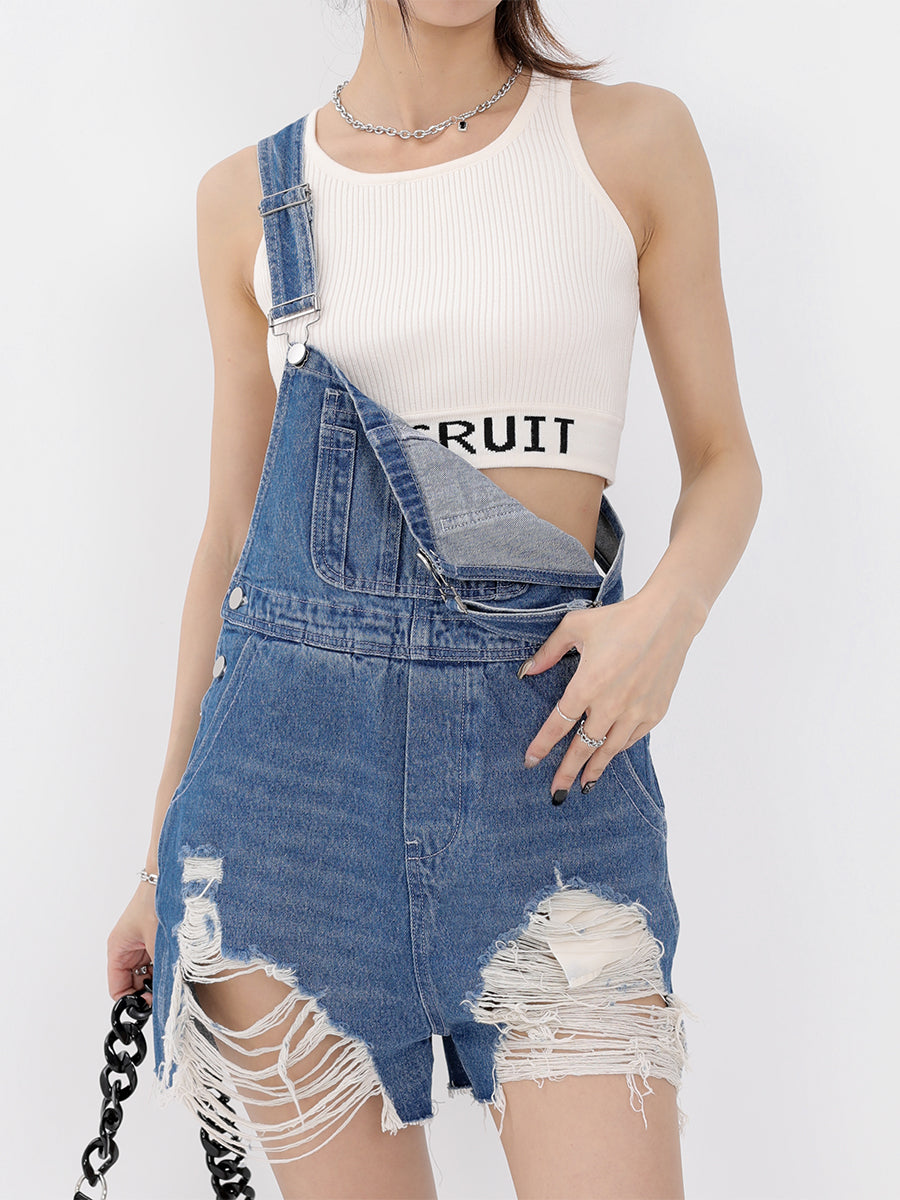 Wardrobe Basics Ripped Denim Romper Shorts Jean overalls