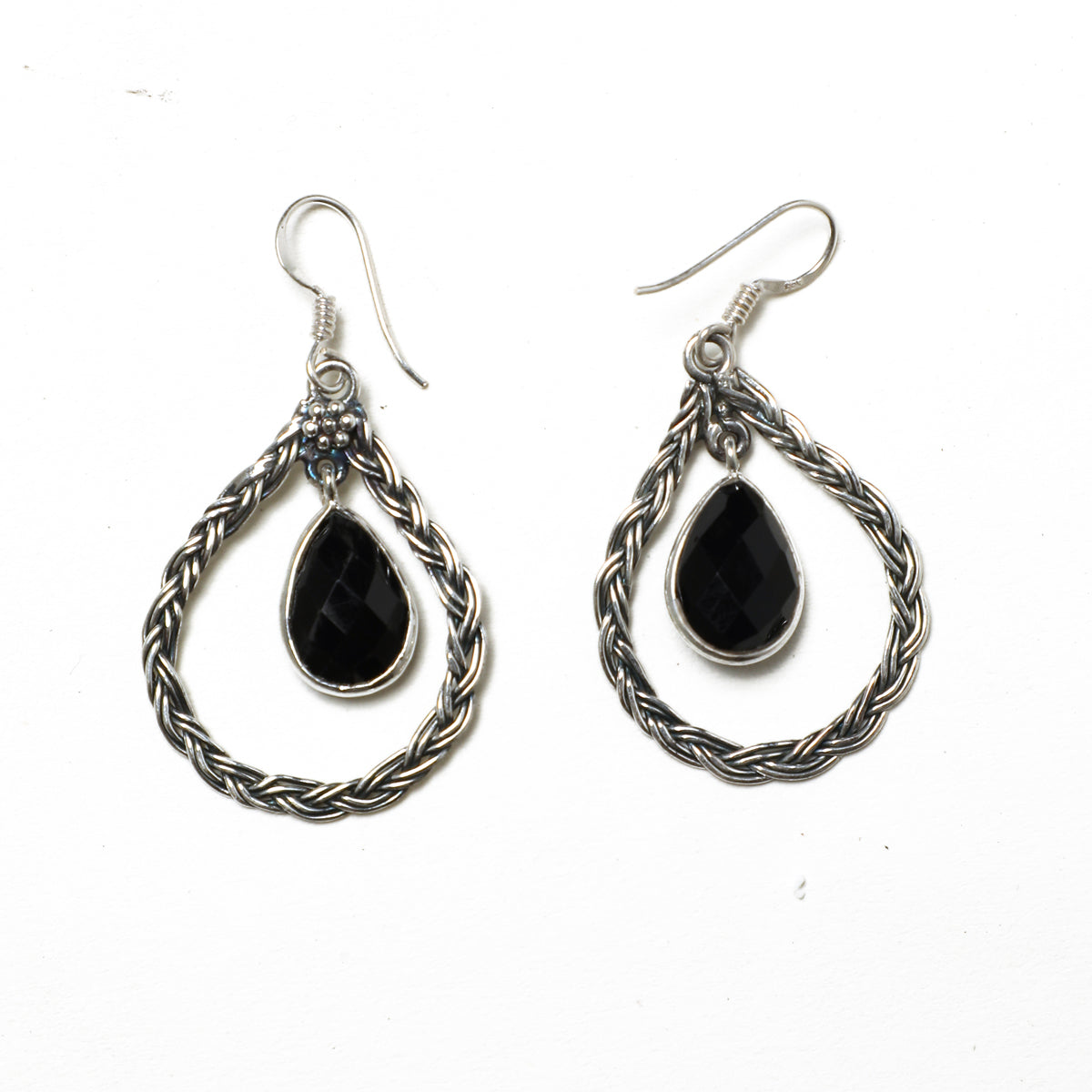 Sterling Silver Carved BLACK ONYX Gemstone Cross Dangle Earrings...Handmade USA 