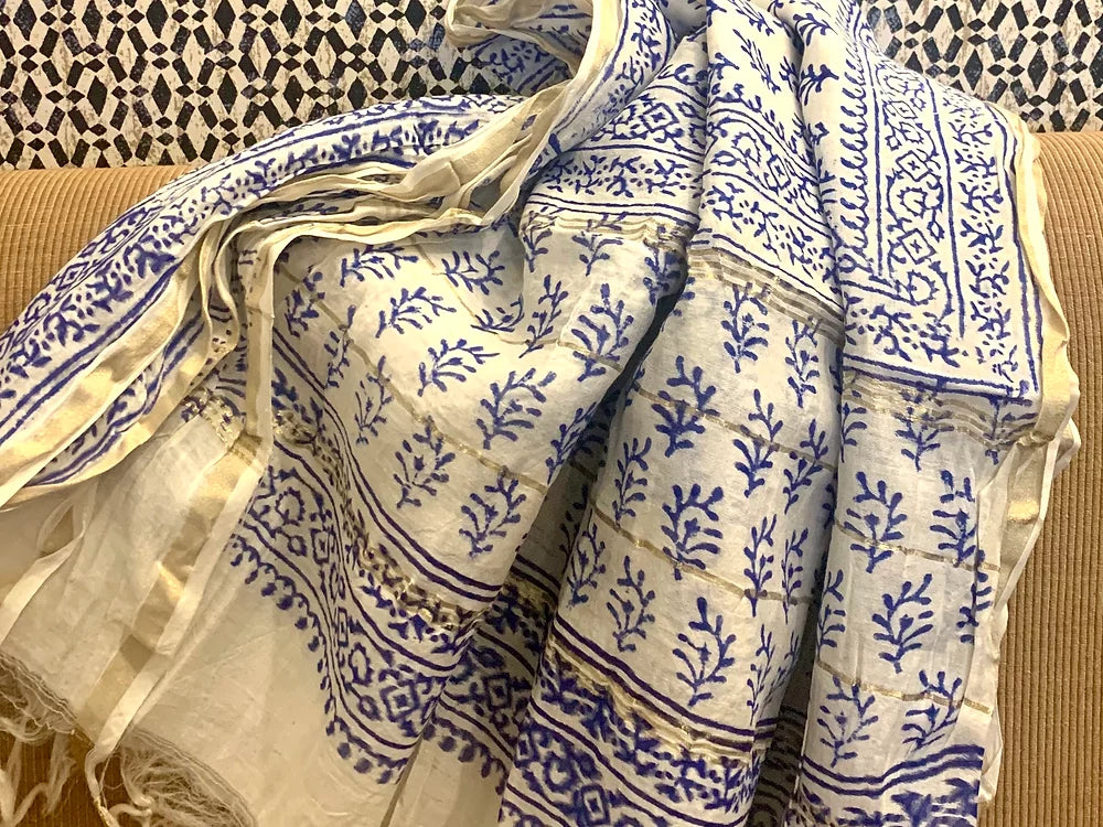 Block Printed (leaf) White and Blue Pure Chanderi Dupatta