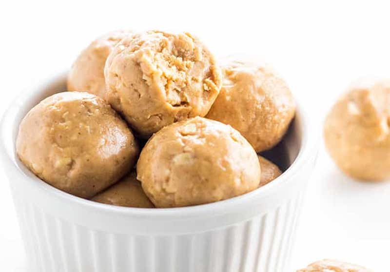Nut butter protein balls in a ceramic bowl