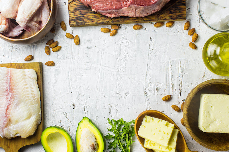 Ketogenic diet friendly foots - such as avocado and raw meat - on a table