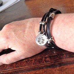 Black leather medical id bracelet stainless steeel charm