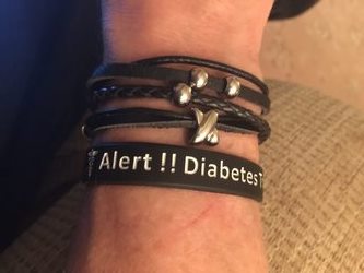Mens black leather medical alert bracelet T2 Diabetes NHS number