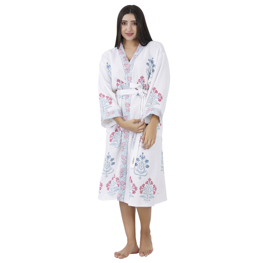 Elegance 100% Cotton BATH ROBE, FLORAL WHITE / PINK