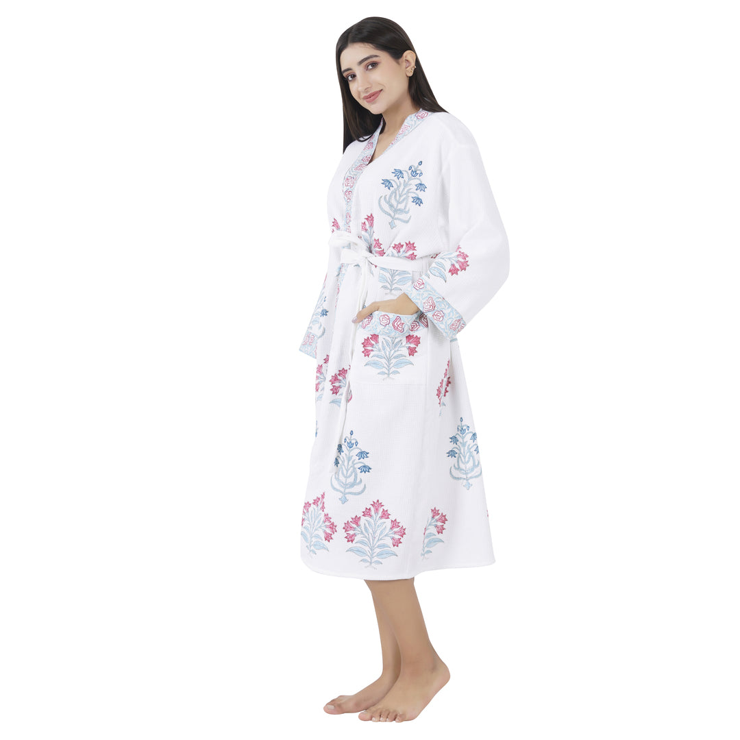 Elegance 100% Cotton BATH ROBE, FLORAL WHITE / PINK