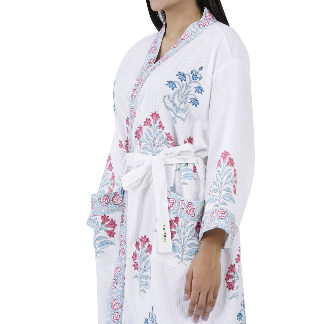 Elegance 100% Cotton BATH ROBE, FLORAL WHITE / PINK