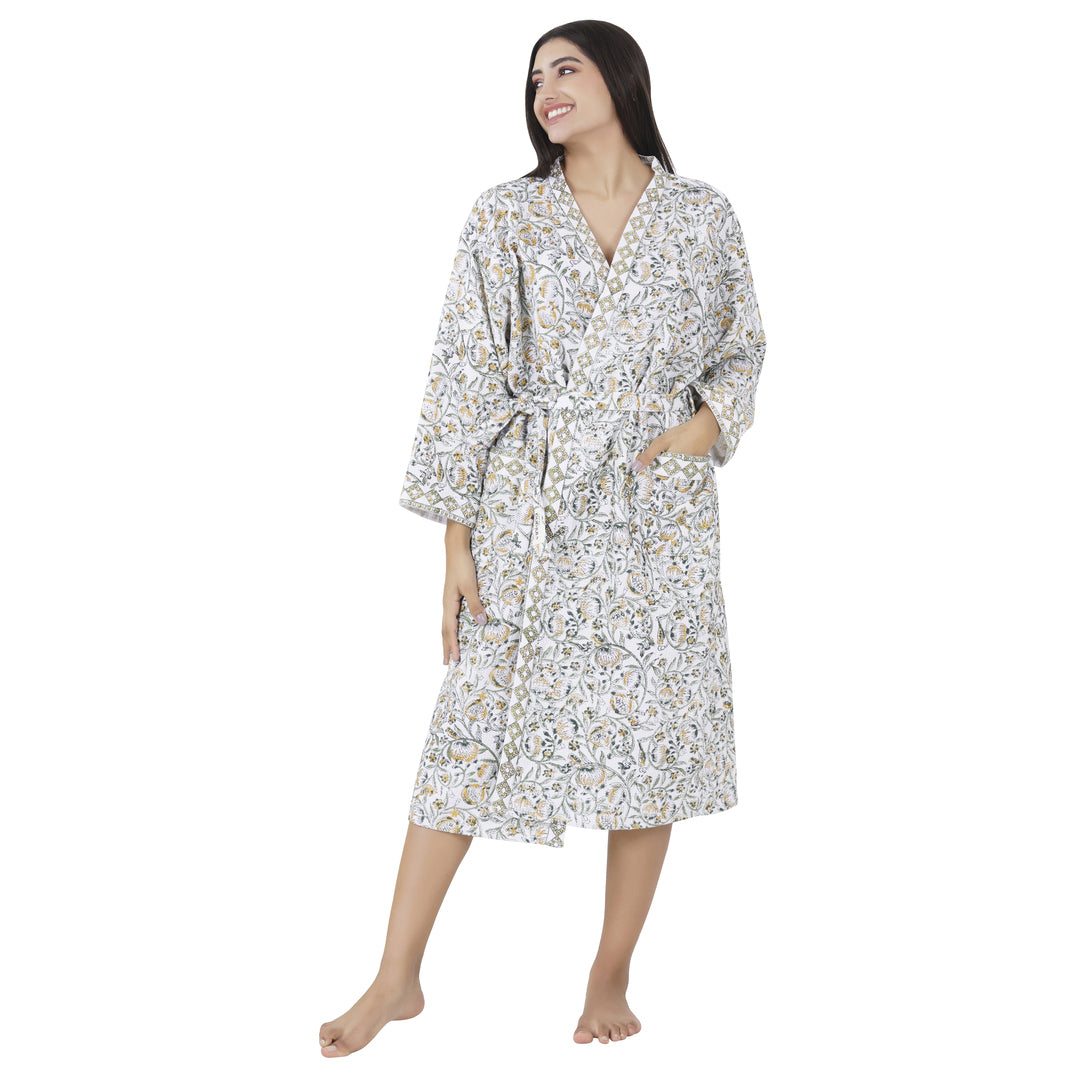 Elegance 100% Cotton BATH ROBE, FLORAL WHITE / BLUE