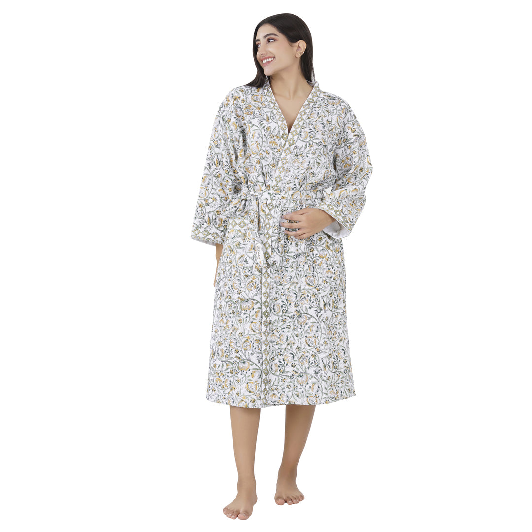 Elegance 100% Cotton BATH ROBE, FLORAL WHITE / BLUE