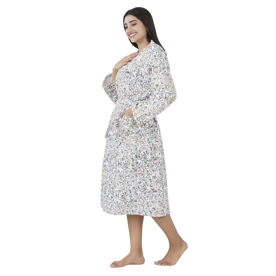 Elegance 100% Cotton BATH ROBE, FLORAL WHITE / BLUE