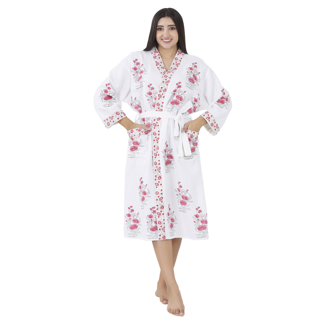 Elegance 100% Cotton BATH ROBE, FLORAL WHITE / GREEN