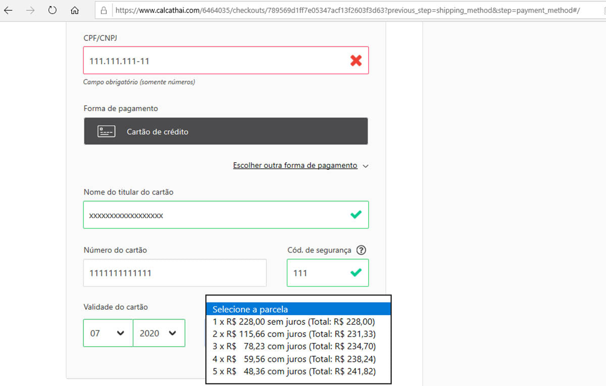 checkou da loja de roupas calça thai com opção de parcelamento no cartão de crédito