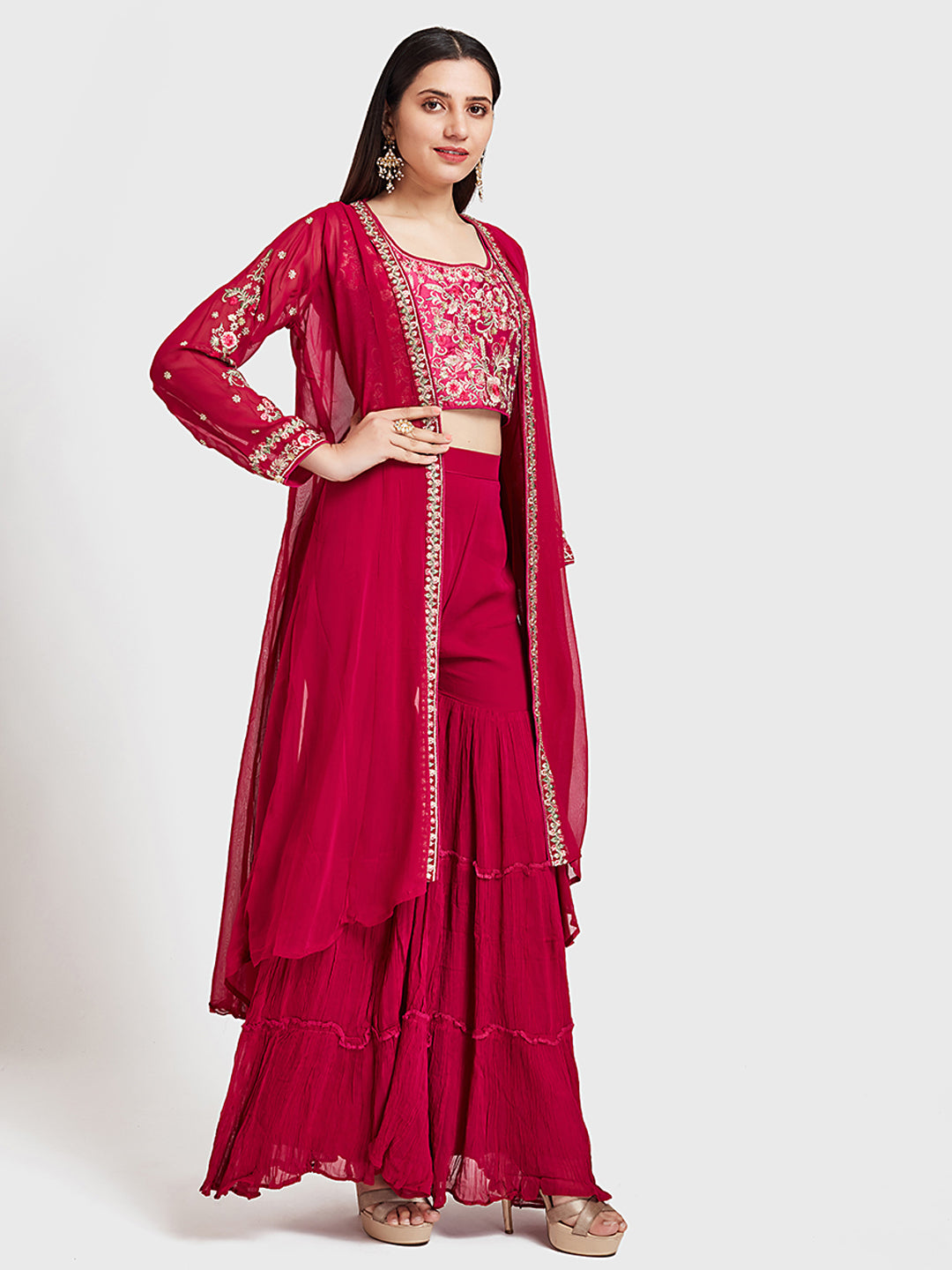 Neeru's Pink Embroidered Top & Sharara Set With Shrug – neerus-india