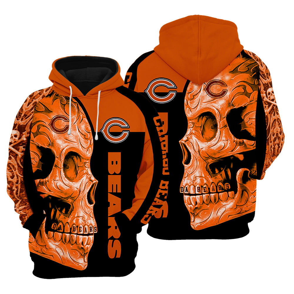 Chicago Bears NFL Skull Orange 3D Hoodie Zip Hoodie For Men And