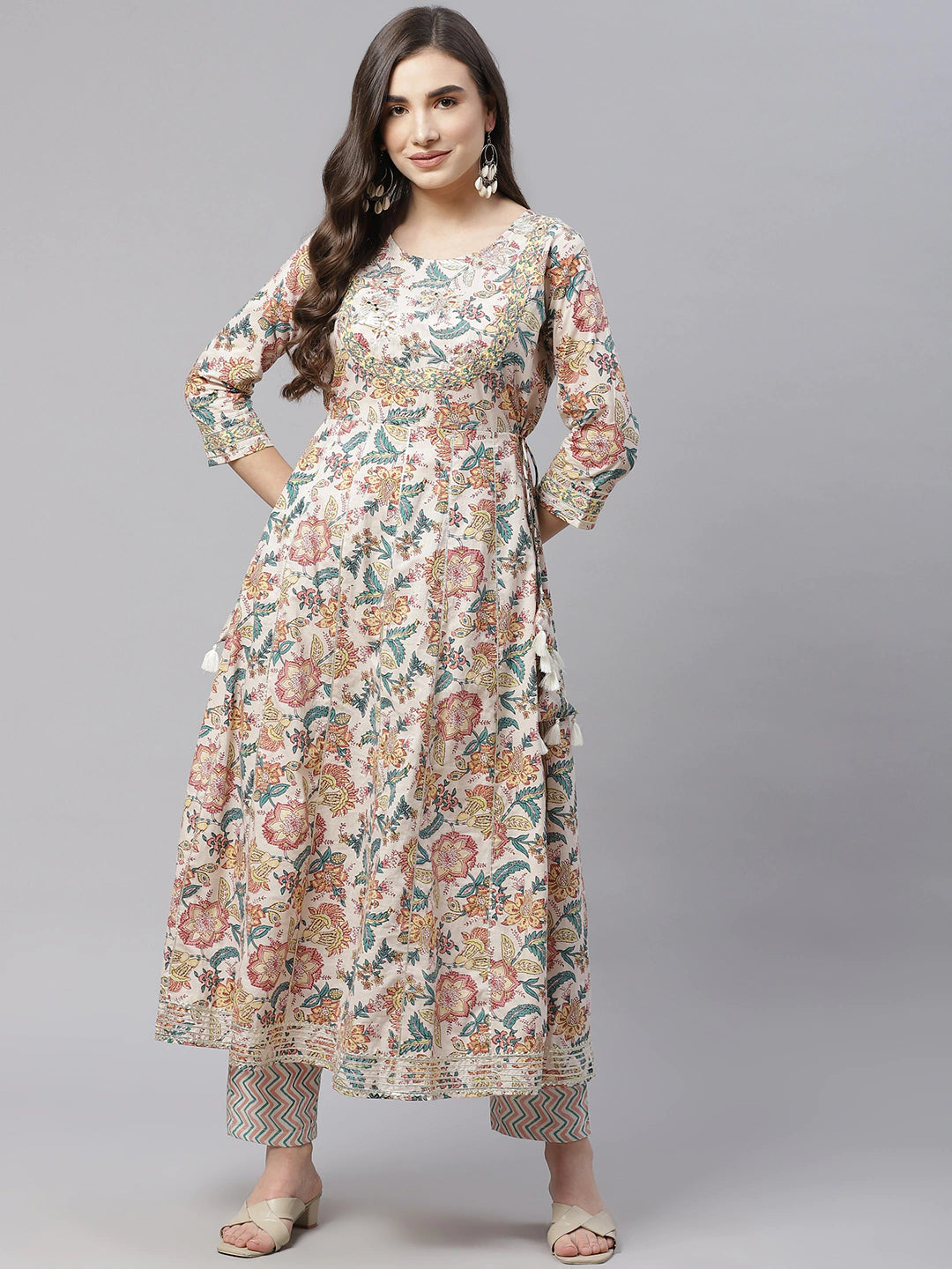 Cream-Coloured Pure Cotton Anarkali Kurta with Trousers