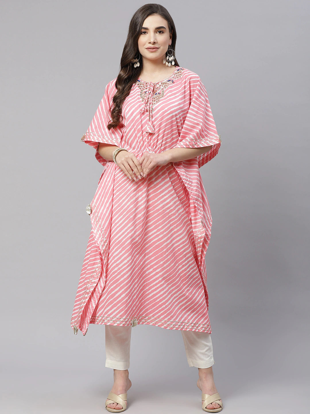 Pink & White Leheriya Print Kaftan Kurta
