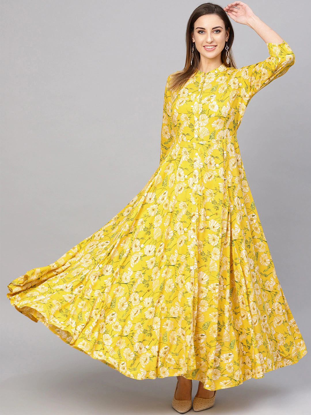 Yellow & Green Printed A-Line Kurta