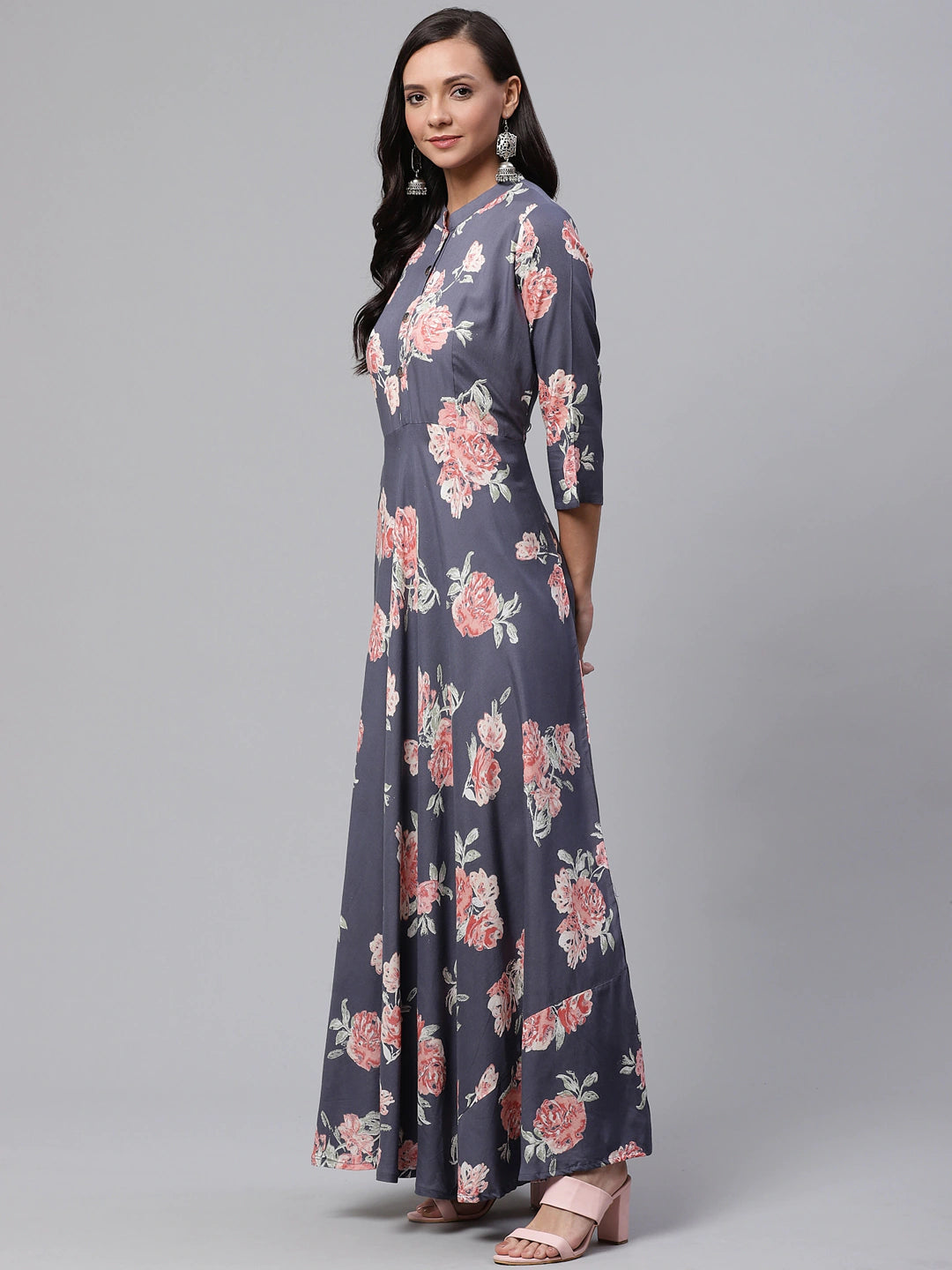 Charcoal Grey & Peach-Coloured Floral Printed Anarkali Kurta