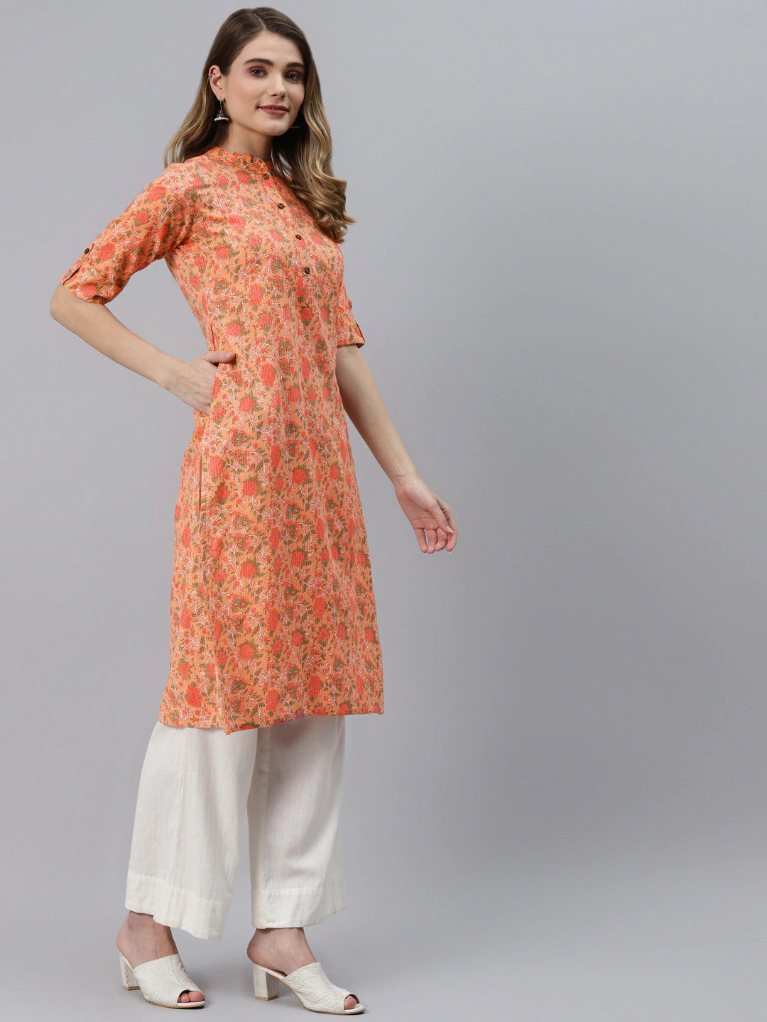 Peach-Coloured Floral Printed Pure Cotton Kurta