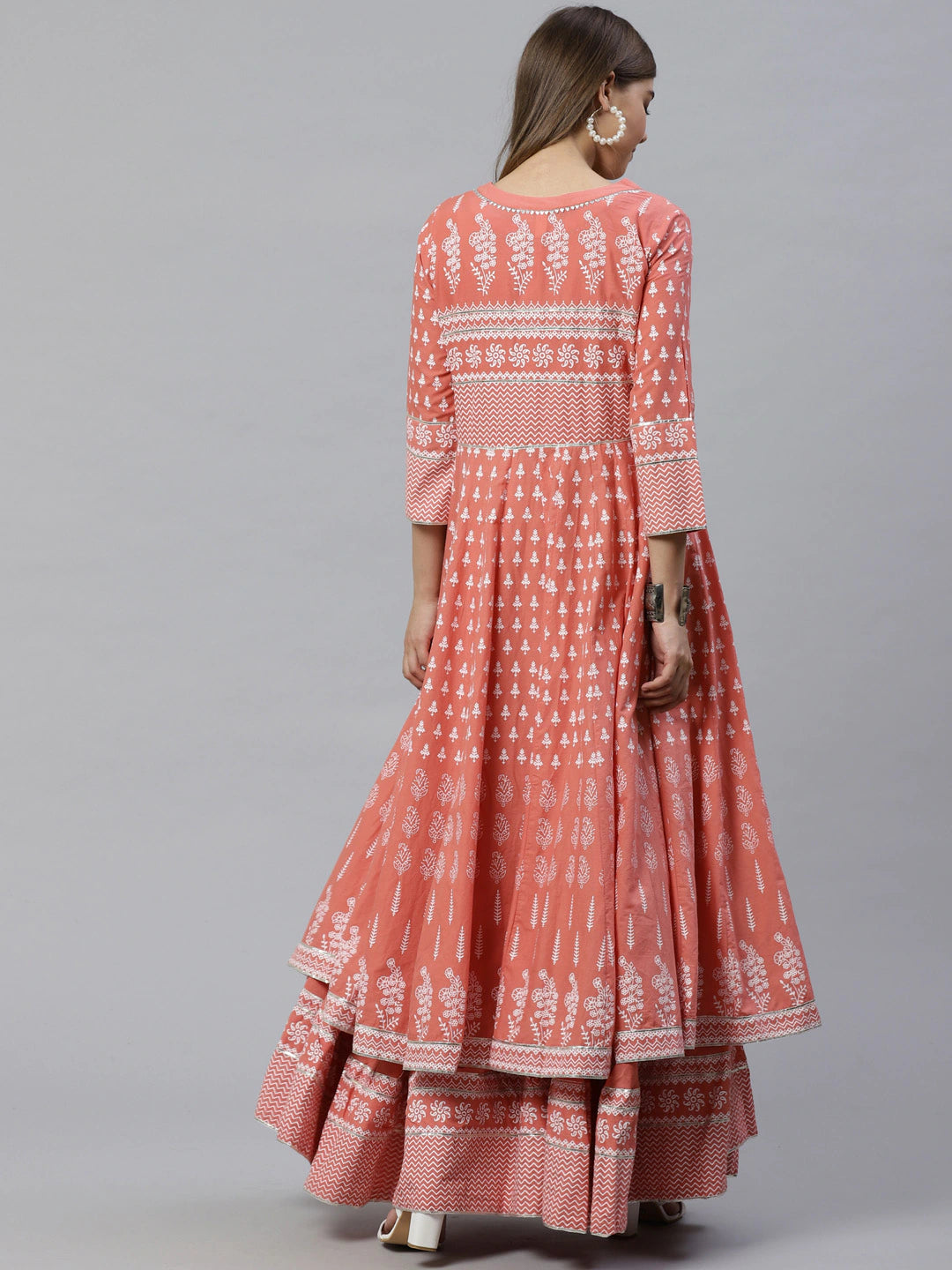 Cotton Peach-Coloured Gotta Patti Printed Cotton Anarkali With Long Ethnic Jacket