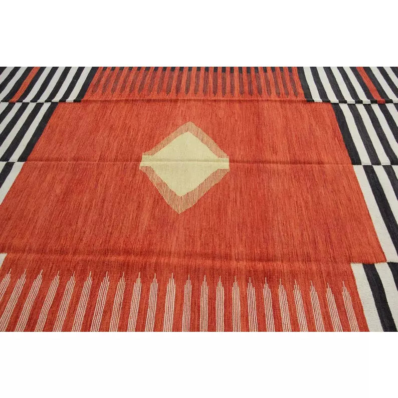 Burnt Orange Stripe-Diamond Kilim Rug - Pristinerugs