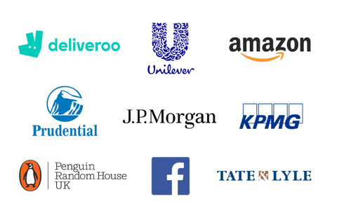 Logos of some of the companies who have had team cooking classes with us, including Amazon, Unilever, Facebook and KPMG.