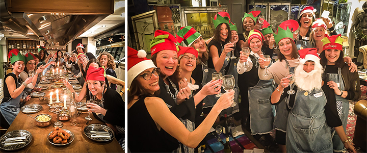 A corporate team in Santa and elf hats enjoying their Christmas party at Food at 52.