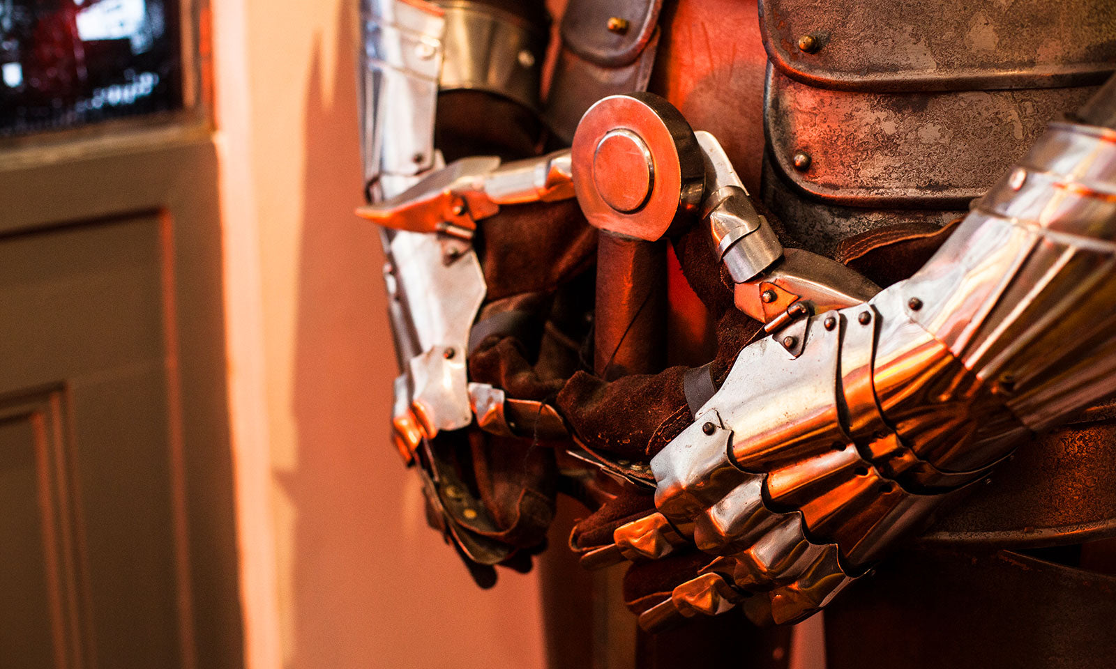 Closeup of the suit of armour in our lounge.