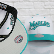 white bottom on the Florida Marlins Cooperstown "Marlins" Jersey Script 1993 Marlins logo side patch Evergreen Pro | White/Teal Snapback Hat