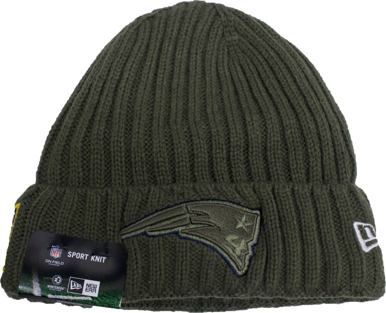 the new england patriots 2017 nfl salute to service beanie has a green patriots logo in the front