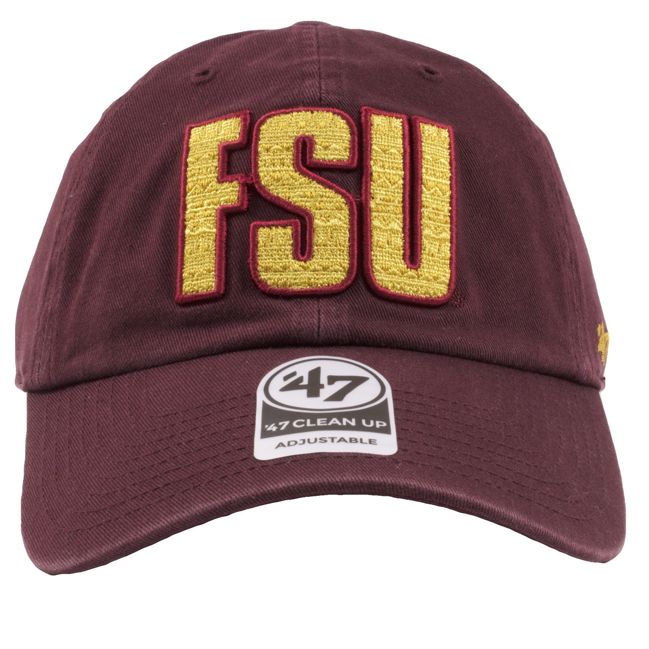 embroidered on the front of the Florida State University dad hat is the FSU logo in gold and burgundy